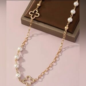 Long Clover and Faux Pearl Necklace: Gold Tone. 36”+3”